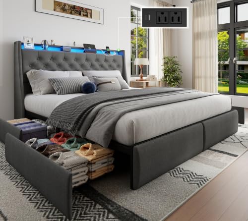 Upholstered Queen Size Bed Frame with 4 Storage Drawers and LED Lights, view 2