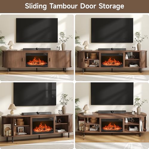 70.8" Fluted Fireplace TV Stand with 23" Electric Fireplace, Walnut, view 7