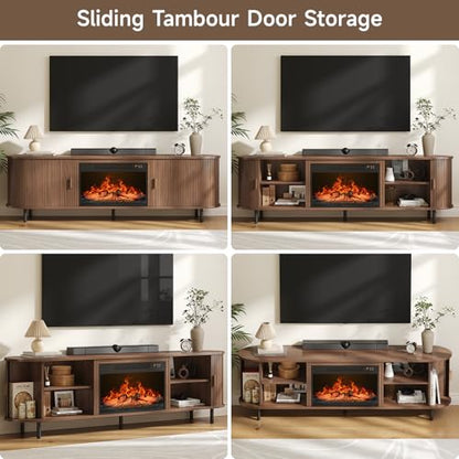 70.8" Fluted Fireplace TV Stand with 23" Electric Fireplace, Walnut, view 7