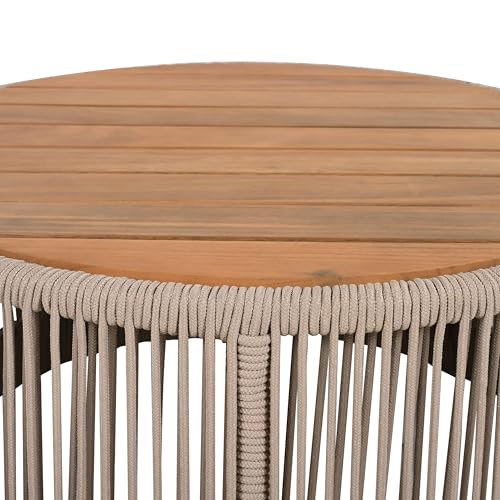 26" Outdoor Rustic Coffee Table,Rattan Rope & Acacia Wood Center Table with Round Top & Iron Frame, Easy Assembly, Versatile Weather-Resistant Patio Furniture for Garden, Yard, Balcony, Beige Teak