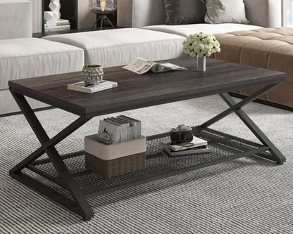 Wood Coffee Table, Center Table with Storage, Dark Gray Oak, 47 Inch | Farmhouse Metal Wood Living Room Table, Industrial 2 Tier Tea Table, Wooden Rectangle Tea Table with Shelf for Office Bedroom