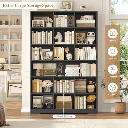 76” Tall Bookshelf with Storage, 6 Tier Black Bookcase with 16 Open Display Shelves, Triple Wide Large Bookshelves and Bookcases, Wood Book Shelf Storage Cabinet for Home Office (Black)