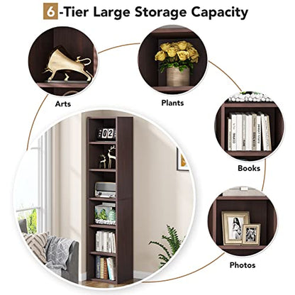 70.9 Inch Tall Narrow Bookcase, Corner Bookshelf 6 Tier Cube Display Shelf Storage Organizer for Small Space, Brown