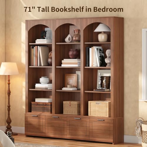 Walnut 4-tier bookshelf with drop-down cabinet, view 5