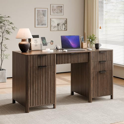 58" Fluted Home Office Desks with Storage, Power Outlet, Walnut, view 2