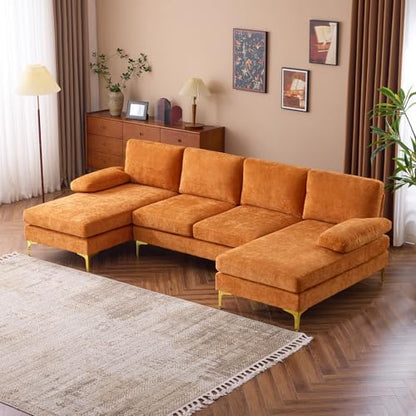110" Sectional Couches for Living Room,U Shape Couch with Double Chaise, 4-Seat Sofa Set with Chenille Fabric for Home Furniture,Burnt Orange