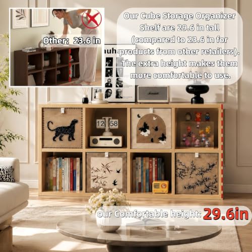real Solid Wood 8 Cube Storage Organizer Shelf with 4 Bins,Low Bookcase, view 6