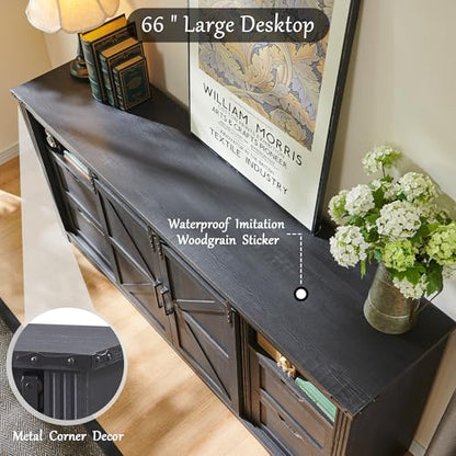 Farmhouse 66”TV Stand for 75+ Inch TV, 32"H w/4 Drawers & Sliding Barn Door, view 6
