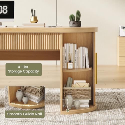Office Desk with 2 Drawers, 58.3" x 21.7" Fluted Computer Desk with 2 Sliding Doors Storage and Power Strip, Wood Executive Desk for Home Office, Light Oak