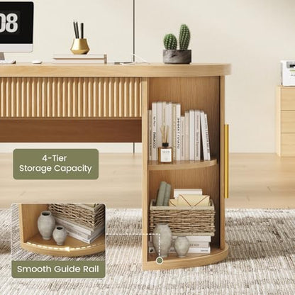 Office Desk with 2 Drawers, 58.3" x 21.7" Fluted Computer Desk with 2 Sliding Doors Storage and Power Strip, Wood Executive Desk for Home Office, Light Oak