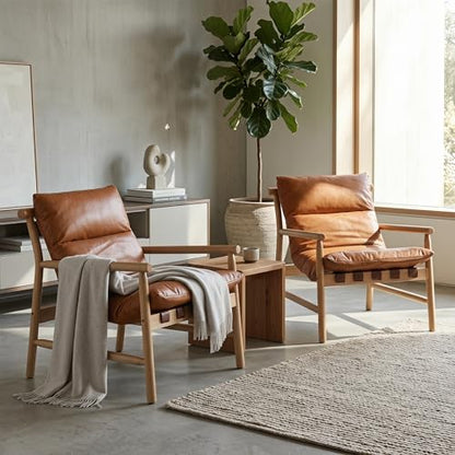 Faux Leather Accent Chair Mid Century Modern Living Room Chairs Comfy Arm Chair with Solid Wood Frame Upholstered Lounge Reading Chair Cozy Recliner for Guest Room/Bedroom, Brown, 7533AC