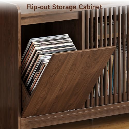 48" Record Player Stand w/Flip-Out Storage Cabinet, Sliding Door, view 5
