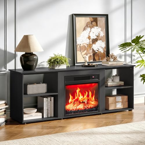 58" Fireplace TV Stand for Living Room, 4 Open Shelves, Black, view 8