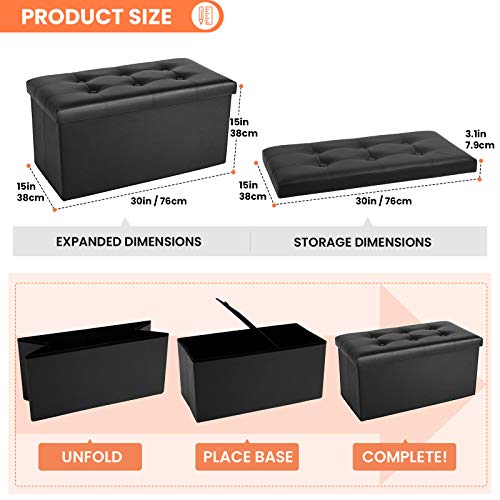 Ottoman Bench with Storage - 30x15x15in Folding Leather Ottoman, Rectangle Foot Stool Foldable Storage Chest Footrest Footstool Collapsible with Lid for Bedroom Living Room Pure Black