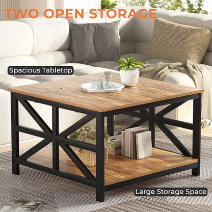 Rustic Living Room Coffee Table with 2 Tier Storage | X Metal Frame Square Center Table with Seamless One-Piece Tabletop,27.55 inch Sofa Table,Scratch-resistant,Walnut