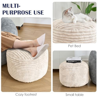 Round Pouf Ottoman,Corduroy Foot Rest,Beige,20x15 in, view 7