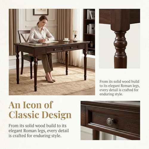 French Country Style Writing Desk, 47'' Walnut Solid Wood Computer Table, view 5