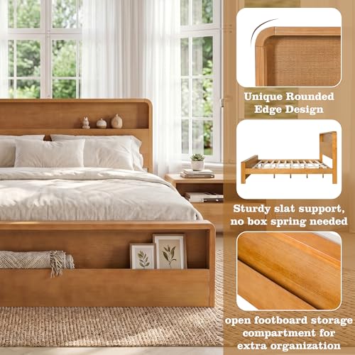 King Solid Wood Platform Bed with Open Storage Headboard, Light Brown, view 5