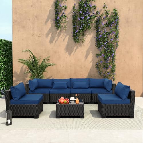 7 Pieces Outdoor PE Wicker Furniture Set Patio Rattan Sectional Conversation Sofa Set with Navy Blue Cushions and Glass Top Table
