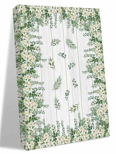 NuYeBiofx Country White Green Flower Leaf Canvas Wall Art Prints,30"x20" Framed Picture Artwork Farmhouse Wood Board Plant Printed Canvas Oil Painting for Living Room Bedroom Office,Ready to Hang