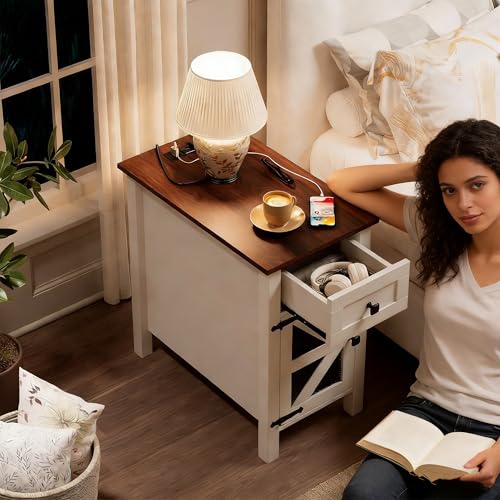Farmhouse End Table with Charging Station, Narrow Side Tables with Storage | Modern Wooden Nightstand with Power Outlets&USB Ports,White Bedsid Table for Living Room,Bedroom,Metal Grille Door