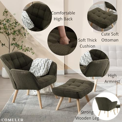 Green Sherpa Accent Chair with Ottoman ，Modern Reading Chairs with Ottoman Set, Comfy Fuzzy Armchair Living Room Chair Lounge Chair with Wood Legs for Small Spaces Bedroom Apartment