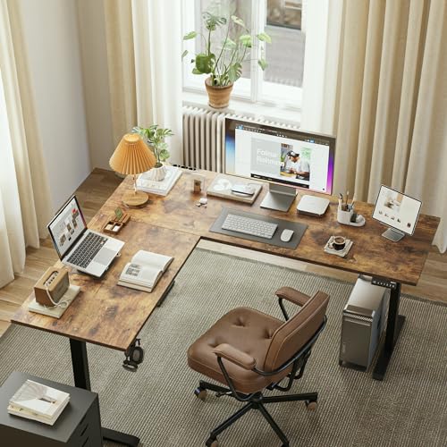 63 x 55 Inch L Shaped Electric Standing Desk, Rustic Brown, view 5