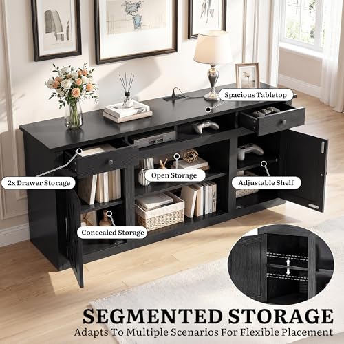 Farmhouse TV Stand with Storage Cabinets for 65" TV, Black, view 4