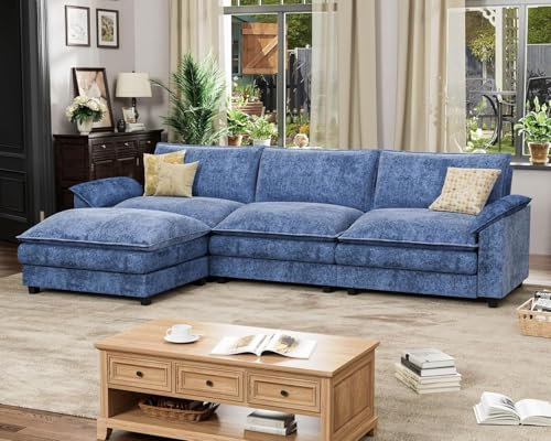 119" Modular Sectional Sofa, L Shaped Sofa Couch with Reversible Ottoman, DIY Combination Chenille Deep 3-Seat Cloud Couch for Living Room, Apartment (Dark Blue, L Shaped Sofa)