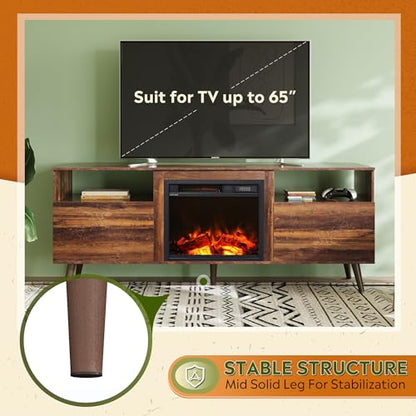Fireplace TV Stand for 55/65 Inch TV, Storage Cabinets, Brown, view 5