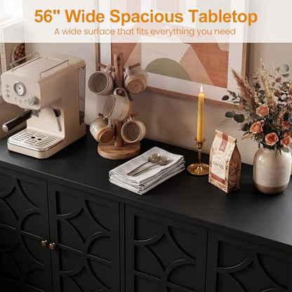 Sideboard Buffet Cabinet with Storage, 56" Modern Sideboard with 4 Carved Doors, view 6