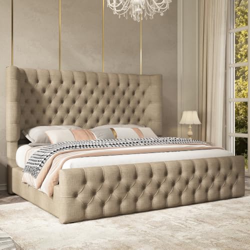 Queen Bed Frame Upholstered Wingback Headboard & Footboard,Khaki, view 2