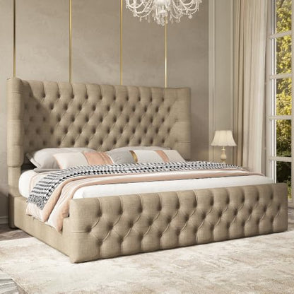 Queen Bed Frame Upholstered Wingback Headboard & Footboard,Khaki, view 2