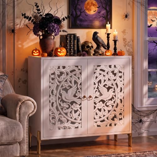 2 Doors Accent Cabinet with Hollow-Carved Bird Floral Pattern, view 4