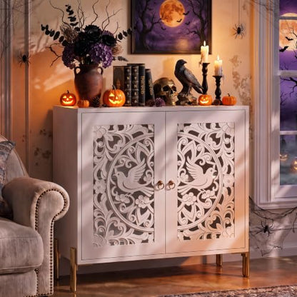 2 Doors Accent Cabinet with Hollow-Carved Bird Floral Pattern, view 4