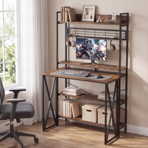 Small Computer Desk with Hutch, Foldable Desk with Shelves for Home Office, view 2