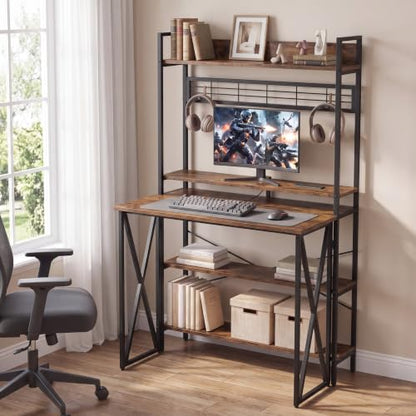 Small Computer Desk with Hutch, Foldable Desk with Shelves for Home Office, view 2