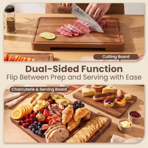 Large Acacia Wood Cutting Board Set for Kitchen with Storage Stand, view 6