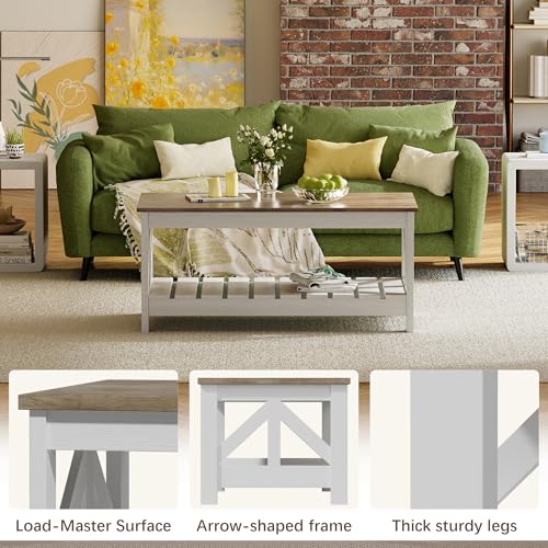 39” Farmhouse Coffee Table for Living Room, 2-Tier Modern Living Room Table with Storage Shelf, Rustic Rectangular Center Table Space Saving Home Furniture (Gray & White)