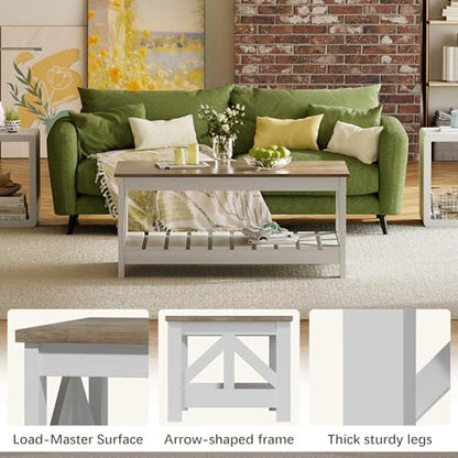 39” Farmhouse Coffee Table for Living Room, 2-Tier Modern Living Room Table with Storage Shelf, Rustic Rectangular Center Table Space Saving Home Furniture (Gray & White)