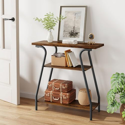 Console Table for Entryway, 3 Tier Narrow Entryway Table Open Shelves, Industrial Farmhouse Sofa Table for Hallway, Kitchen, Living Room and Bedroom, Furniture Decorative,Rustic Brown