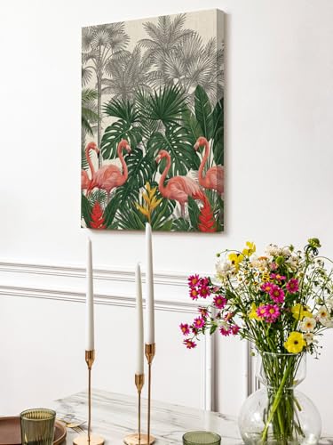 NuYeBiofx Summer Pink Flamingo Green Leaf Canvas Wall Art Prints,30"x20" Framed Picture Artwork Tropical Gray Tree Retro Linen Printed Canvas Oil Painting for Living Room Bedroom Office,Ready to Hang
