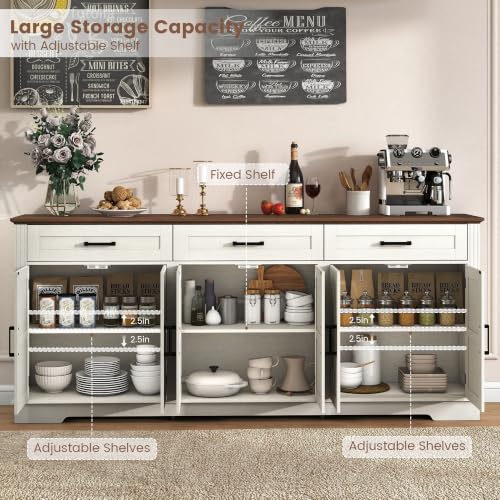 70" Farmhouse Buffet Cabinet with Storage 3 Drawers & 6 Barn Doors, White, view 4