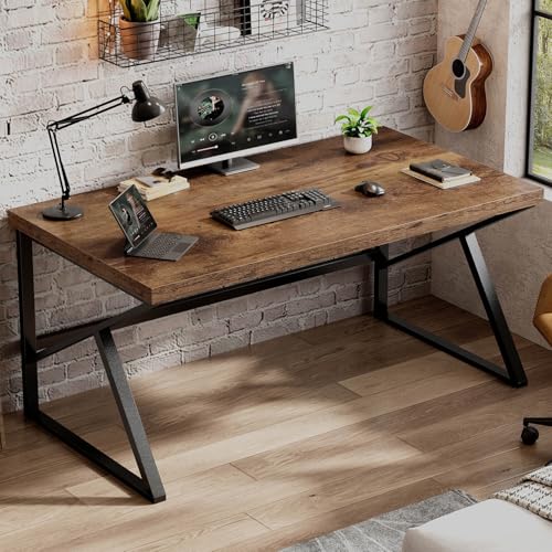 Rustic Computer Desk, Large Executive Writing Study Work Desk for Home Office, Industrial Metal Wooden PC Laptop Long Desk Workstation, Modern Bedroom Living Room Table, Rustic Brown, 60 Inch