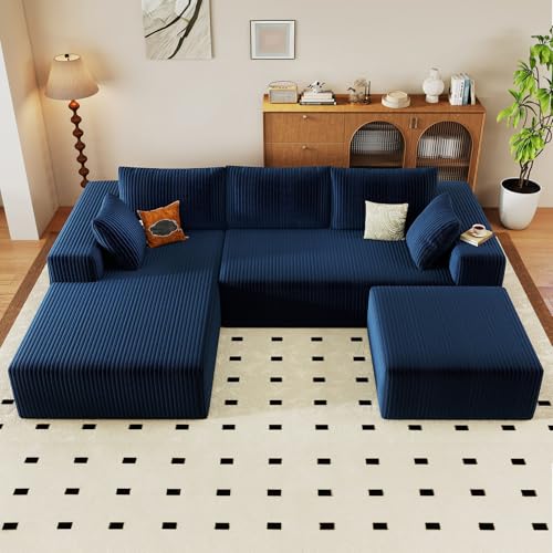 96" Cloud Sectional Couch with U-Shaped Chaise, Corduroy Sectional Sofa with Ottoman, Boneless Couch with Deep Seat in a Box for Living Room, No Assembly Required (Blue, Left Facing Chaise)