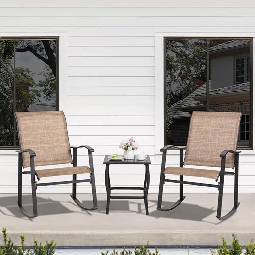 Rocking Chair Outdoor with Table, 3 Piece Rocking Patio Bistro Set, Outdoor Furniture Set with Metal Frame and Textilene Fabric for Small Space, Brown