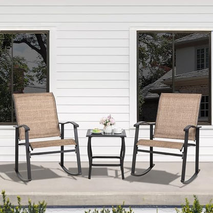 Rocking Chair Outdoor with Table, 3 Piece Rocking Patio Bistro Set, Outdoor Furniture Set with Metal Frame and Textilene Fabric for Small Space, Brown