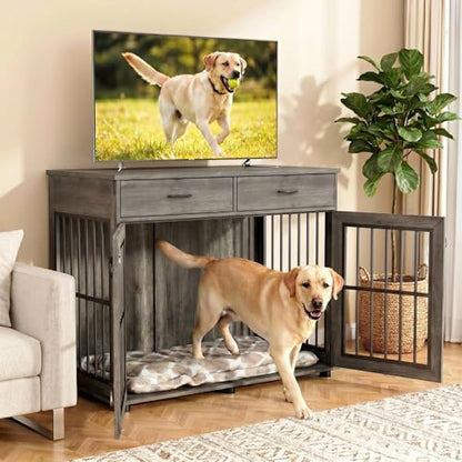 43.3" Large Dog Crate Furniture with 2 Drawers, Grey, view 6