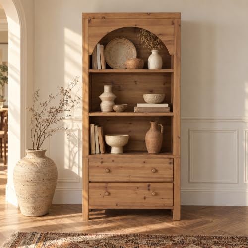 70" Solid Wood Tall Bookshelf with 3-Tier Shelves and 2 Drawers, view 2