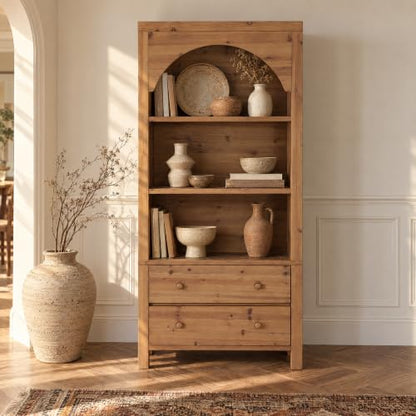 70" Solid Wood Tall Bookshelf with 3-Tier Shelves and 2 Drawers, view 2